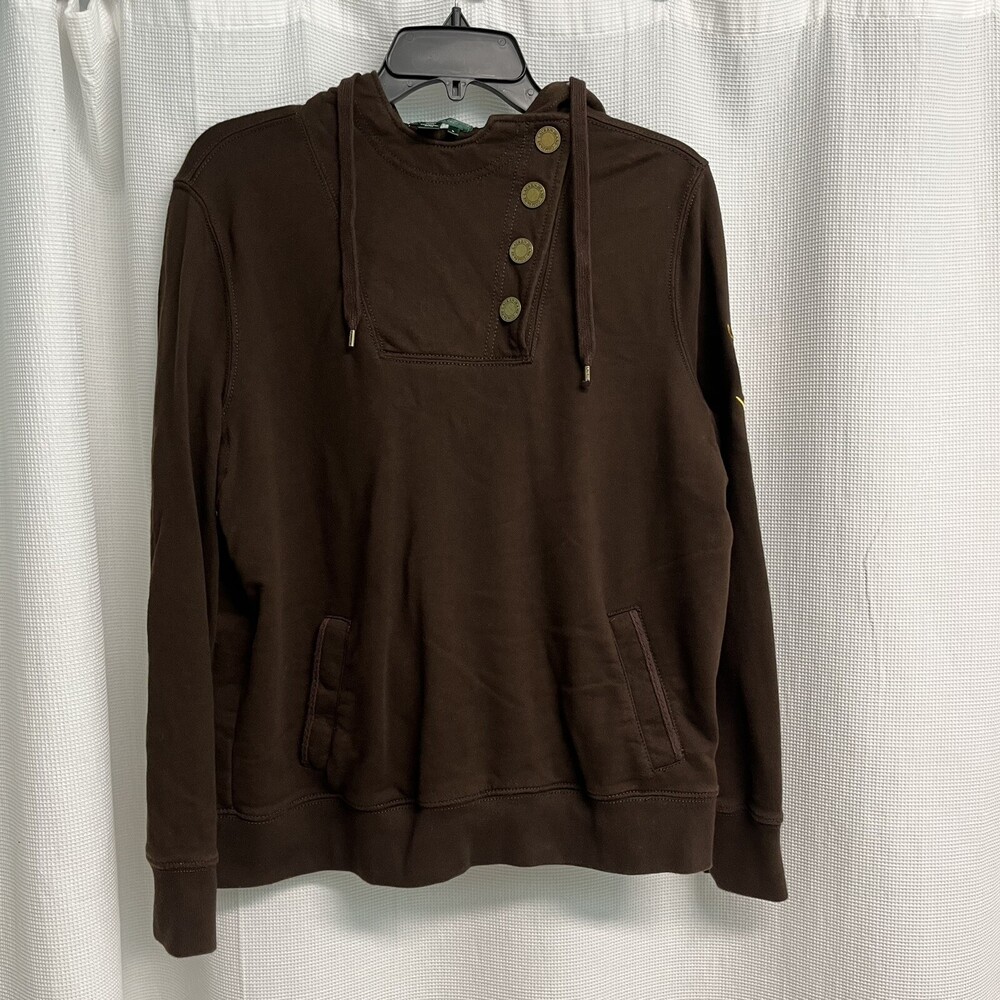 Lauren Jean Co.‎ Women’s Brown Shoulder Snap Hoodie Sweatshirt. Large Y2K Crest